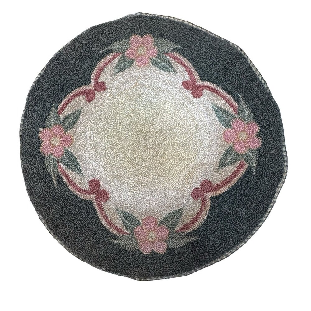 Vintage Hand Hooked Floral Victorian Dollhouse Round Rug 10” Wool Accent Mini